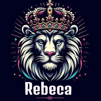 Dibujo majestuoso de león con corona enjoyada, rayos de luz detrás y nombre en la parte inferior. - Rebeca