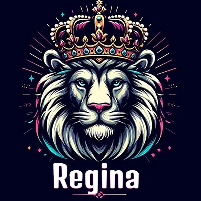 Dibujo majestuoso de león con corona enjoyada, rayos de luz detrás y nombre en la parte inferior. - Regina