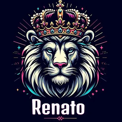 Dibujo majestuoso de león con corona enjoyada, rayos de luz detrás y nombre en la parte inferior. - Renato