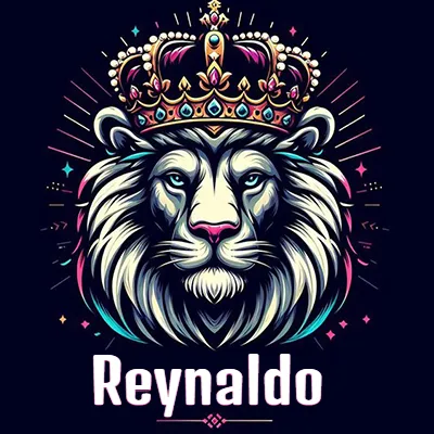 Dibujo majestuoso de león con corona enjoyada, rayos de luz detrás y nombre en la parte inferior. - Reynaldo