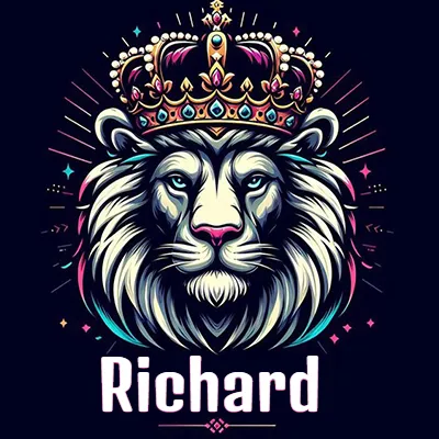 Dibujo majestuoso de león con corona enjoyada, rayos de luz detrás y nombre en la parte inferior. - Richard