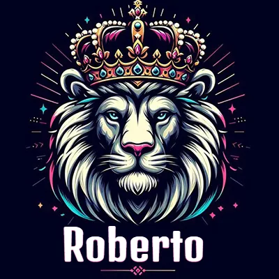Dibujo majestuoso de león con corona enjoyada, rayos de luz detrás y nombre en la parte inferior. - Roberto
