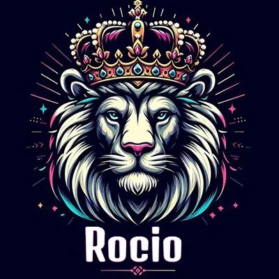 Dibujo majestuoso de león con corona enjoyada, rayos de luz detrás y nombre en la parte inferior. - Rocio