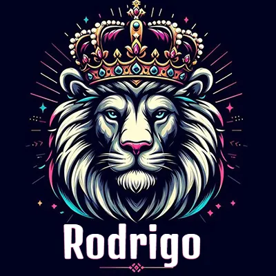 Dibujo majestuoso de león con corona enjoyada, rayos de luz detrás y nombre en la parte inferior. - Rodrigo