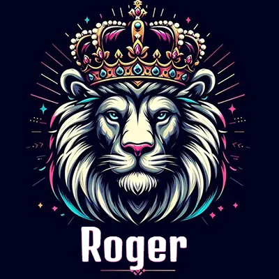 Dibujo majestuoso de león con corona enjoyada, rayos de luz detrás y nombre en la parte inferior. - Roger