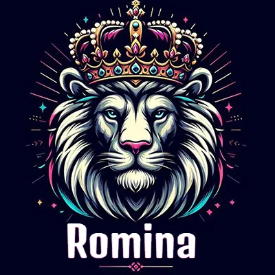 Dibujo majestuoso de león con corona enjoyada, rayos de luz detrás y nombre en la parte inferior. - Romina