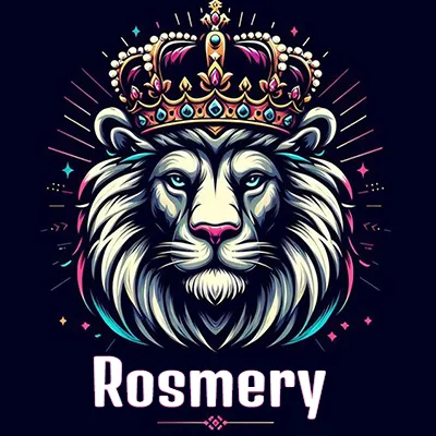 Dibujo majestuoso de león con corona enjoyada, rayos de luz detrás y nombre en la parte inferior. - Rosmery