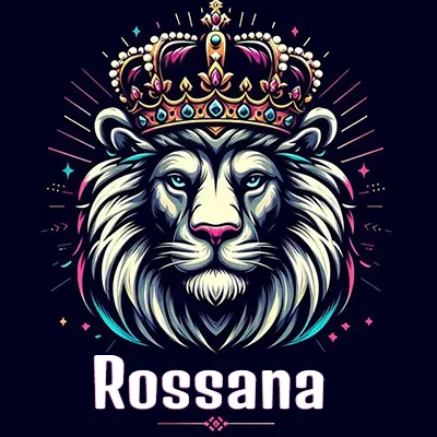Dibujo majestuoso de león con corona enjoyada, rayos de luz detrás y nombre en la parte inferior. - Rossana
