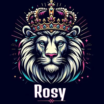 Dibujo majestuoso de león con corona enjoyada, rayos de luz detrás y nombre en la parte inferior. - Rosy