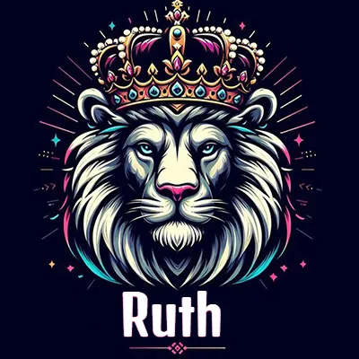 Dibujo majestuoso de león con corona enjoyada, rayos de luz detrás y nombre en la parte inferior. - Ruth Dibujo majestuoso de león con corona enjoyada, rayos de luz detrás y nombre en la parte inferior. - Ruth