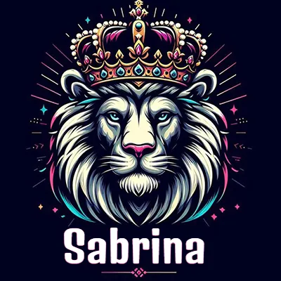 Dibujo majestuoso de león con corona enjoyada, rayos de luz detrás y nombre en la parte inferior. - Sabrina