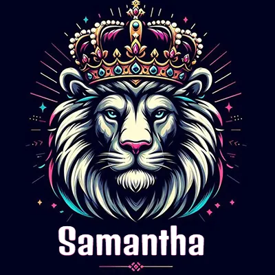 Dibujo majestuoso de león con corona enjoyada, rayos de luz detrás y nombre en la parte inferior. - Samantha