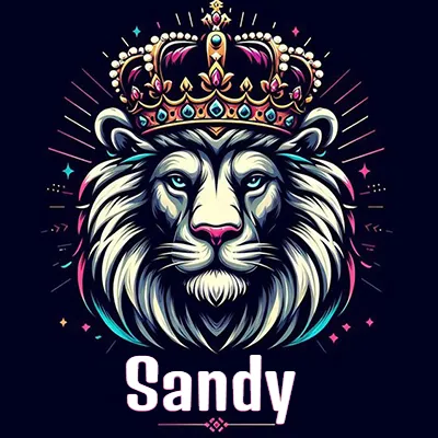 Dibujo majestuoso de león con corona enjoyada, rayos de luz detrás y nombre en la parte inferior. - Sandy Dibujo majestuoso de león con corona enjoyada, rayos de luz detrás y nombre en la parte inferior. - Sandy