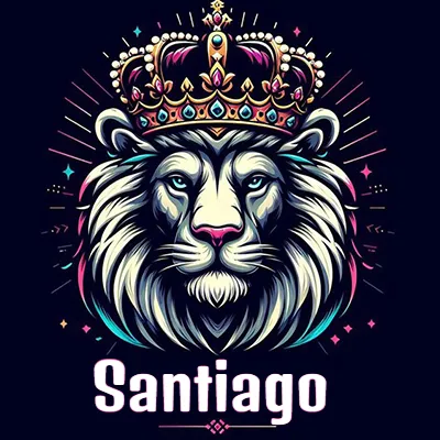 Dibujo majestuoso de león con corona enjoyada, rayos de luz detrás y nombre en la parte inferior. - Santiago