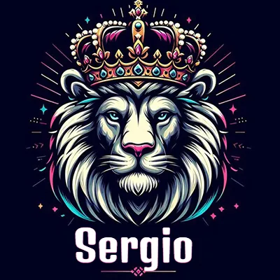 Dibujo majestuoso de león con corona enjoyada, rayos de luz detrás y nombre en la parte inferior. - Sergio Dibujo majestuoso de león con corona enjoyada, rayos de luz detrás y nombre en la parte inferior. - Sergio