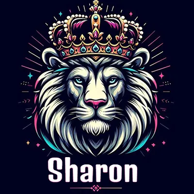 Dibujo majestuoso de león con corona enjoyada, rayos de luz detrás y nombre en la parte inferior. - Sharon