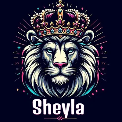 Dibujo majestuoso de león con corona enjoyada, rayos de luz detrás y nombre en la parte inferior. - Sheyla Dibujo majestuoso de león con corona enjoyada, rayos de luz detrás y nombre en la parte inferior. - Sheyla