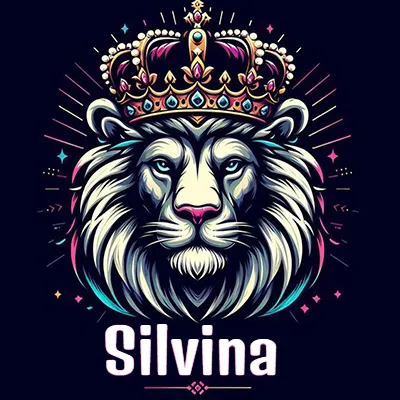 Dibujo majestuoso de león con corona enjoyada, rayos de luz detrás y nombre en la parte inferior. - Silvina