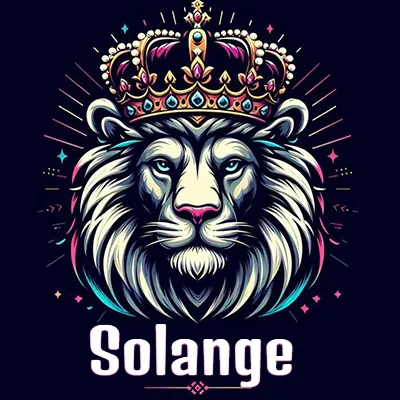 Dibujo majestuoso de león con corona enjoyada, rayos de luz detrás y nombre en la parte inferior. - Solange