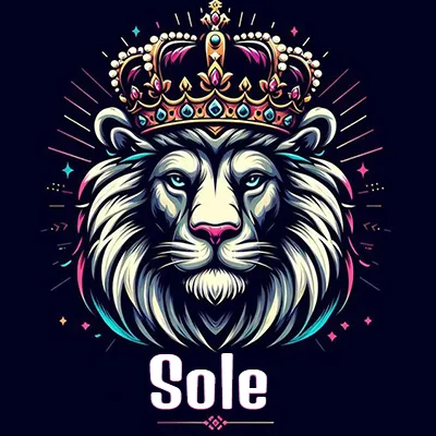 Rostro de león blanco y azul con expresiones serenas y seguras, llevando una corona real engastada con gemas púrpuras y perlas, con un fondo de líneas de luz coloridas que asemejan estrellas. El nombre Sole está escrito en una tipografía vertical simple debajo de la barbilla del león en el centro de la imagen.