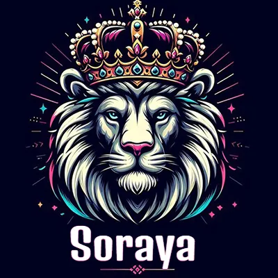 Dibujo majestuoso de león con corona enjoyada, rayos de luz detrás y nombre en la parte inferior. - Soraya