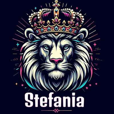 Dibujo majestuoso de león con corona enjoyada, rayos de luz detrás y nombre en la parte inferior. - Stefania