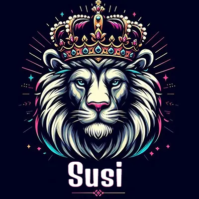 Dibujo majestuoso de león con corona enjoyada, rayos de luz detrás y nombre en la parte inferior. - Susi