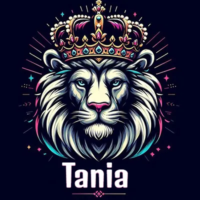 Dibujo majestuoso de león con corona enjoyada, rayos de luz detrás y nombre en la parte inferior. - Tania