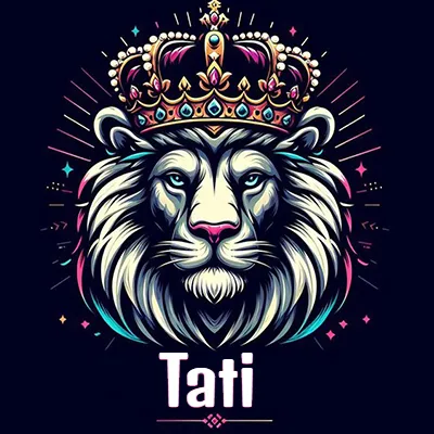 Dibujo majestuoso de león con corona enjoyada, rayos de luz detrás y nombre en la parte inferior. - Tati