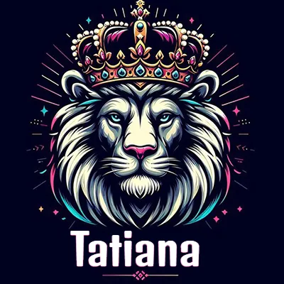 Dibujo majestuoso de león con corona enjoyada, rayos de luz detrás y nombre en la parte inferior. - Tatiana