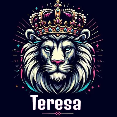 Dibujo majestuoso de león con corona enjoyada, rayos de luz detrás y nombre en la parte inferior. - Teresa