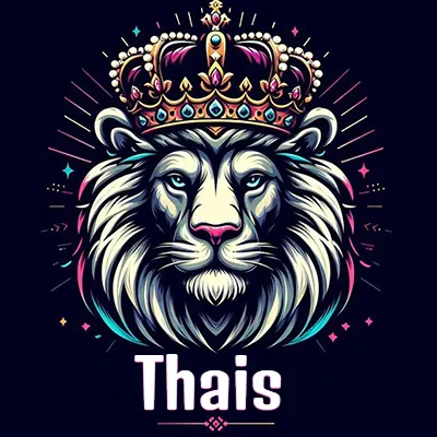 Dibujo majestuoso de león con corona enjoyada, rayos de luz detrás y nombre en la parte inferior. - Thais Dibujo majestuoso de león con corona enjoyada, rayos de luz detrás y nombre en la parte inferior. - Thais