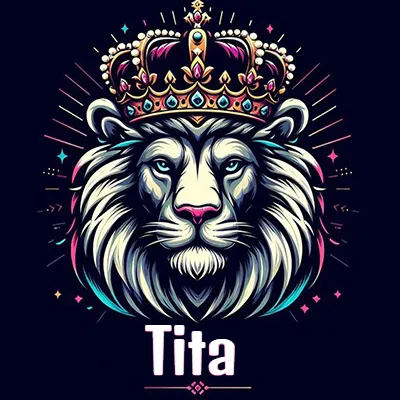 Dibujo majestuoso de león con corona enjoyada, rayos de luz detrás y nombre en la parte inferior. - Tita