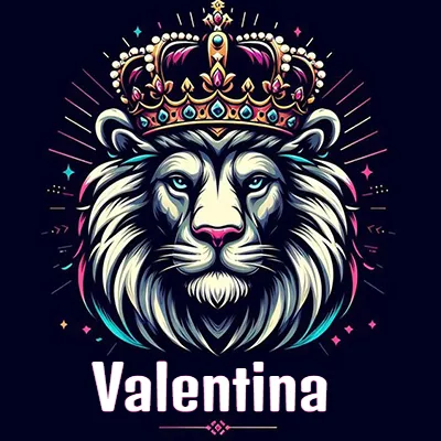 Dibujo majestuoso de león con corona enjoyada, rayos de luz detrás y nombre en la parte inferior. - Valentina