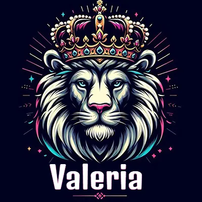 Dibujo majestuoso de león con corona enjoyada, rayos de luz detrás y nombre en la parte inferior. - Valeria