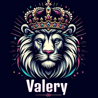 Dibujo majestuoso de león con corona enjoyada, rayos de luz detrás y nombre en la parte inferior. - Valery