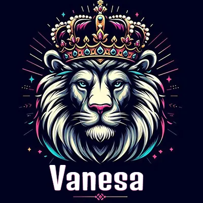 Dibujo majestuoso de león con corona enjoyada, rayos de luz detrás y nombre en la parte inferior. - Vanesa