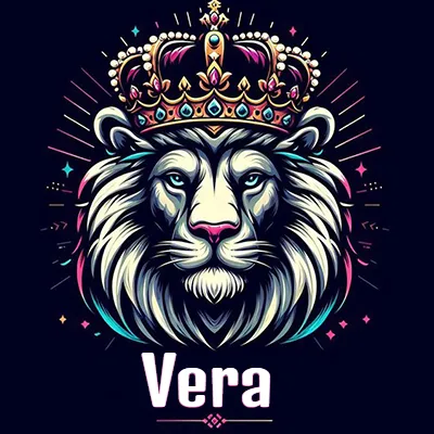Dibujo majestuoso de león con corona enjoyada, rayos de luz detrás y nombre en la parte inferior. - Vera