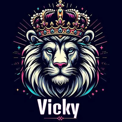 Dibujo majestuoso de león con corona enjoyada, rayos de luz detrás y nombre en la parte inferior. - Vicky