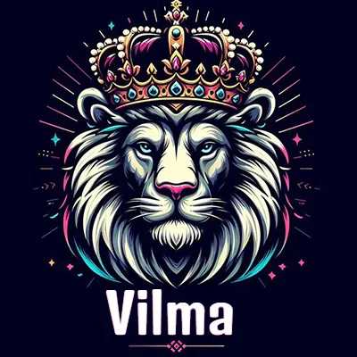 Dibujo majestuoso de león con corona enjoyada, rayos de luz detrás y nombre en la parte inferior. - Vilma