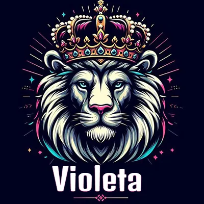 Dibujo majestuoso de león con corona enjoyada, rayos de luz detrás y nombre en la parte inferior. - Violeta