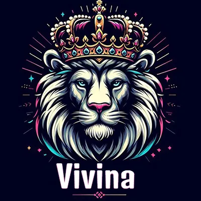 Dibujo majestuoso de león con corona enjoyada, rayos de luz detrás y nombre en la parte inferior. - Vivina