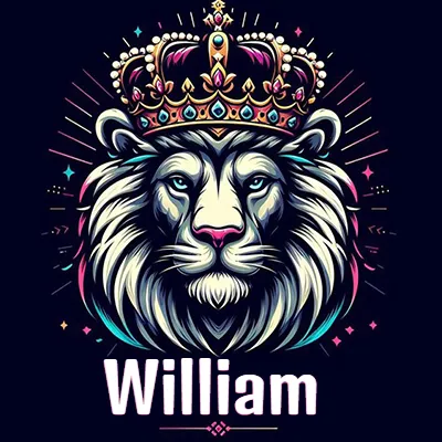 Dibujo majestuoso de león con corona enjoyada, rayos de luz detrás y nombre en la parte inferior. - William Dibujo majestuoso de león con corona enjoyada, rayos de luz detrás y nombre en la parte inferior. - William