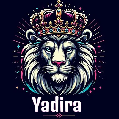 Dibujo majestuoso de león con corona enjoyada, rayos de luz detrás y nombre en la parte inferior. - Yadira