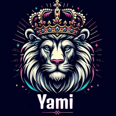 Dibujo majestuoso de león con corona enjoyada, rayos de luz detrás y nombre en la parte inferior. - Yami Dibujo majestuoso de león con corona enjoyada, rayos de luz detrás y nombre en la parte inferior. - Yami