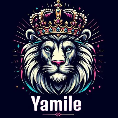 Dibujo majestuoso de león con corona enjoyada, rayos de luz detrás y nombre en la parte inferior. - Yamile Dibujo majestuoso de león con corona enjoyada, rayos de luz detrás y nombre en la parte inferior. - Yamile