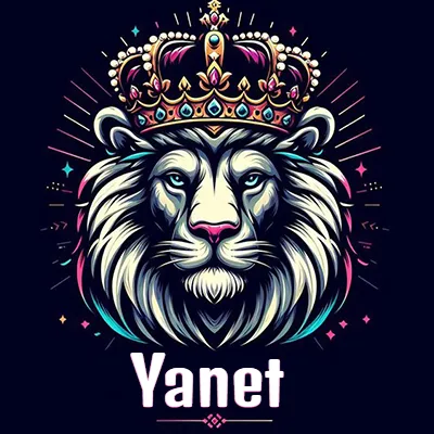 Rostro de león blanco y azul con expresiones serenas y seguras, llevando una corona real engastada con gemas púrpuras y perlas, con un fondo de líneas de luz coloridas que asemejan estrellas. El nombre Yanet está escrito en una tipografía vertical simple debajo de la barbilla del león en el centro de la imagen.