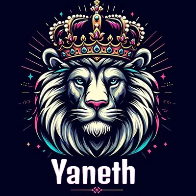 Dibujo majestuoso de león con corona enjoyada, rayos de luz detrás y nombre en la parte inferior. - Yanet