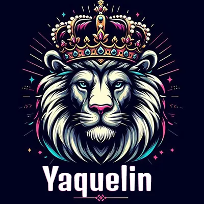 Dibujo majestuoso de león con corona enjoyada, rayos de luz detrás y nombre en la parte inferior. - Yaquelin