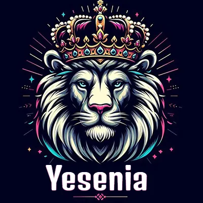 Dibujo majestuoso de león con corona enjoyada, rayos de luz detrás y nombre en la parte inferior. - Yesenia